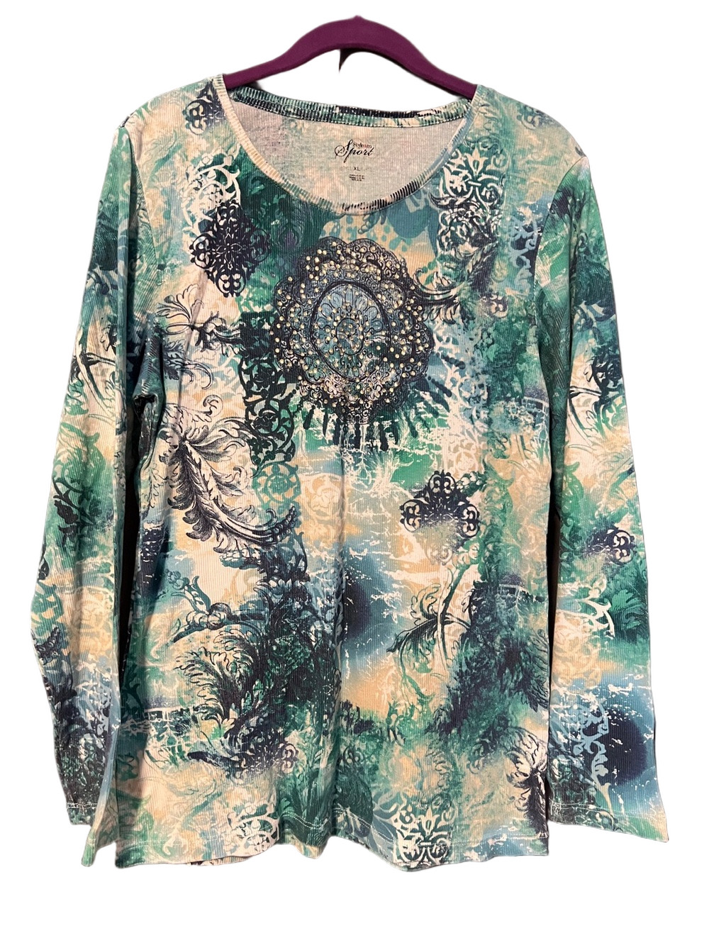 Style & Co. Teal, Blue and White Long Sleeve Printed Pullover